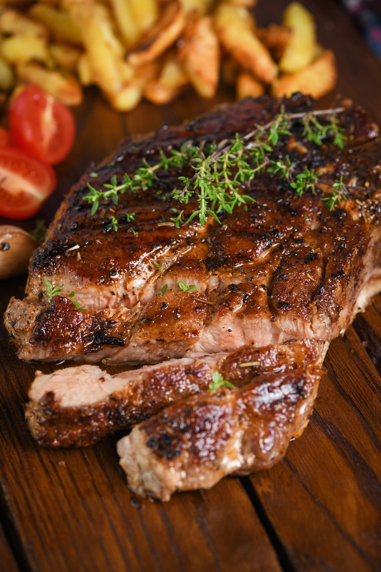 Sliced fried pork steak on a wooden board